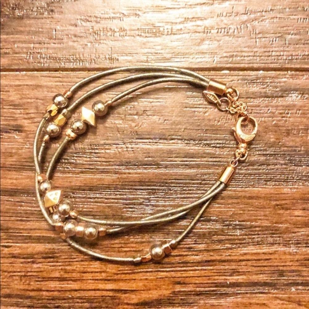 NWOT Fossil Two Tone Rose Gold Beaded Gray Leather Multi Strand Bracelet